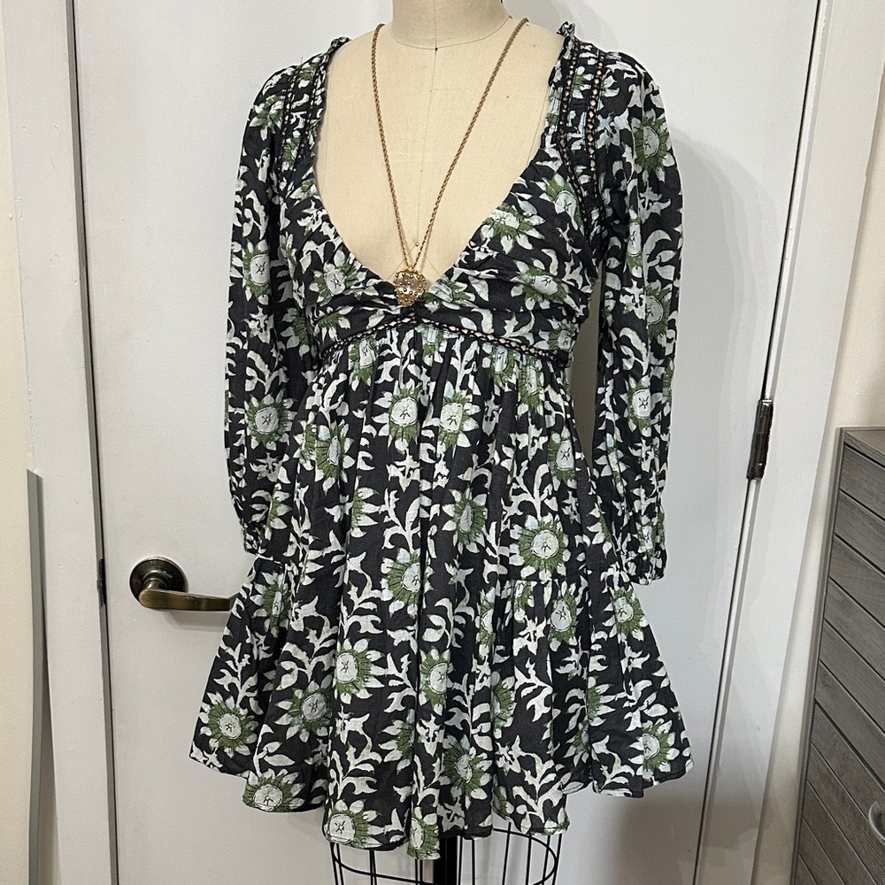 Free People Black and Green Floral Long Sleeve Dress - Picture 2 of 8